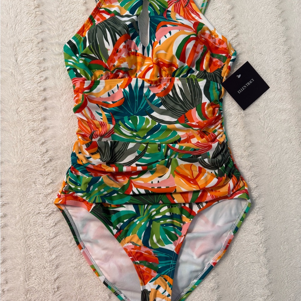 Ellen Tracy Orange and Green One Piece Swimsuit with Tropical Print